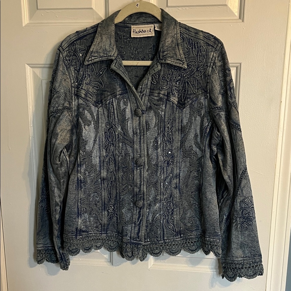 Floral Embroidered Blue Denim Jacket